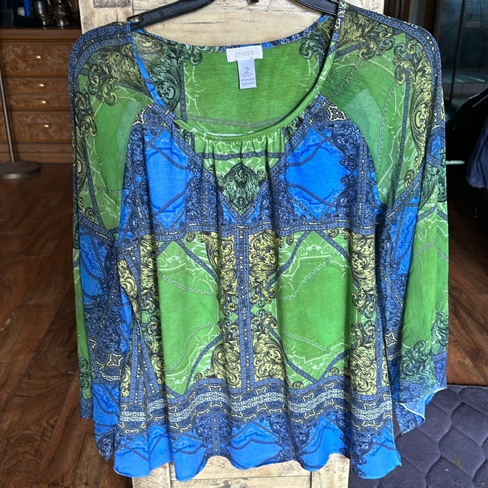 Chico’s Women’s Green Blue Boho Abstract Geo Printed Beaded Bell Sleeve Blouse